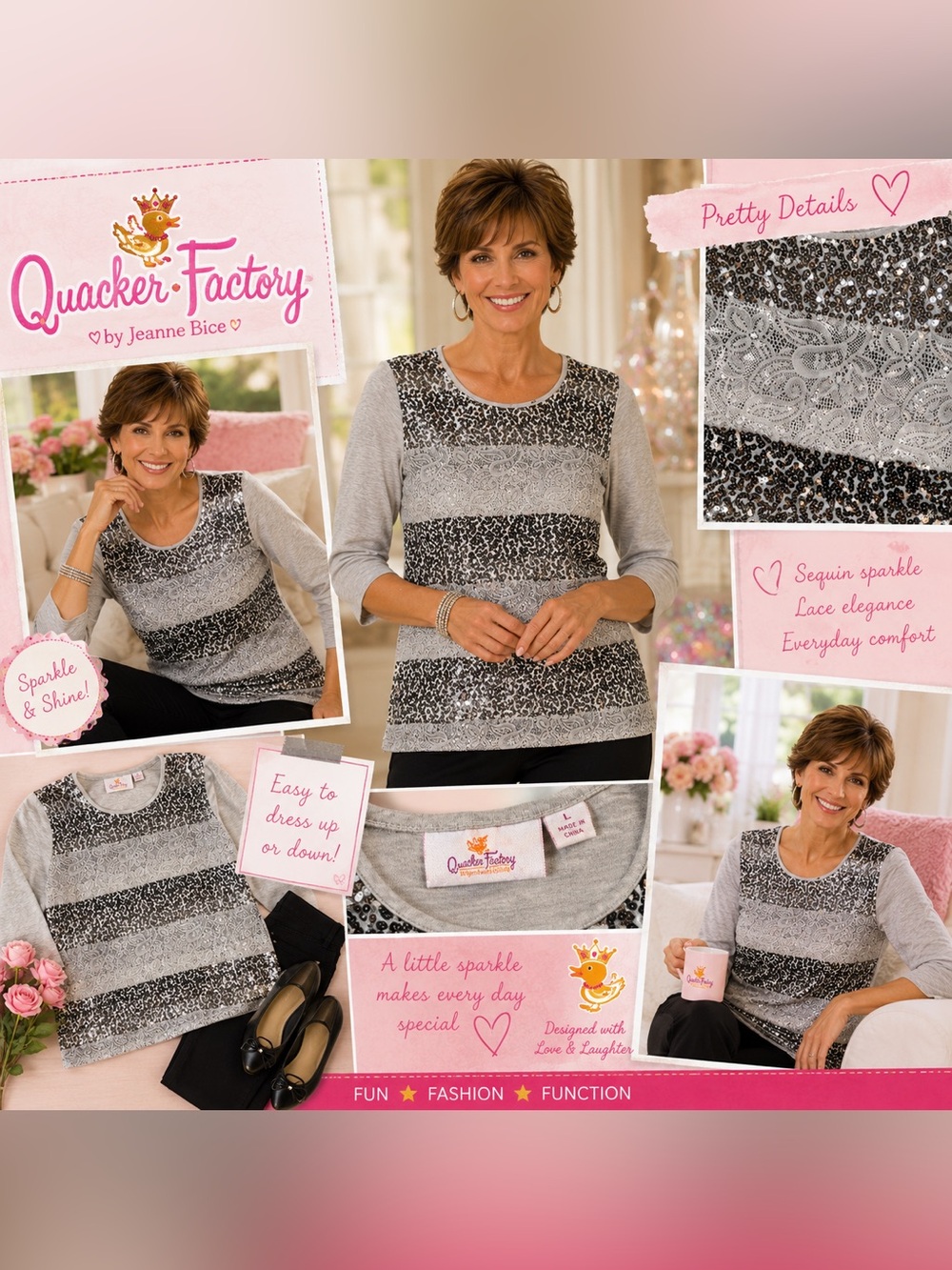 Quacker Factory Gray Crewneck Top with Sequin Detail